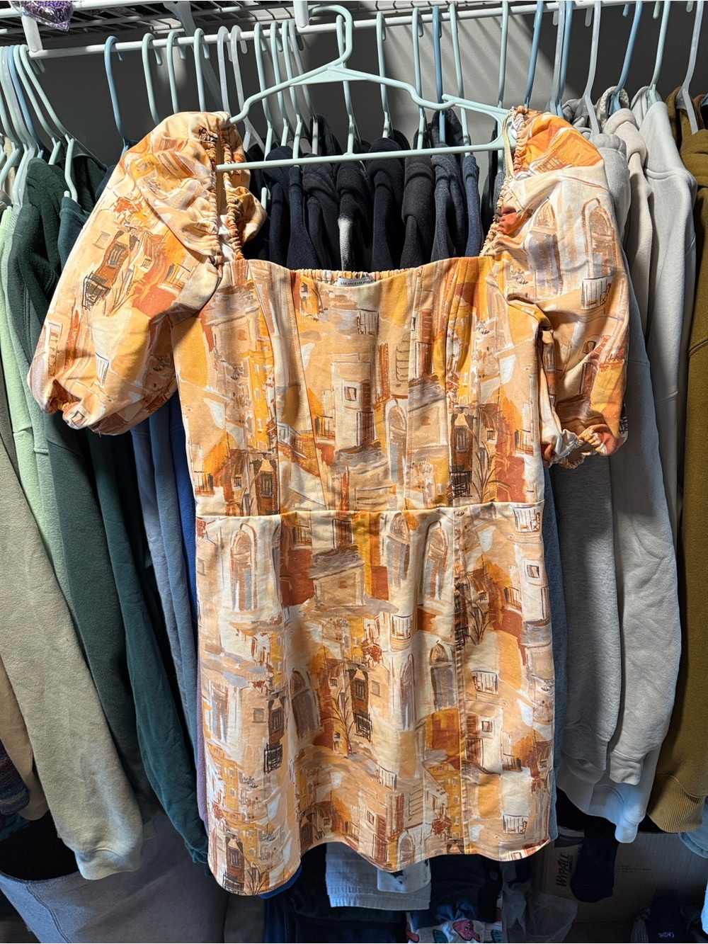 Women's Puff-Sleeve Mini Dress in Peach Abstract Print